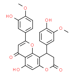 ChemSpider 2D Image | 5-Hydroxy-2-(3-hydroxy-4-methoxyphenyl)-10-(4-hydroxy-3-methoxyphenyl)-9,10-dihydro-4H,8H-pyrano[2,3-f]chromene-4,8-dione | C26H20O9