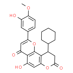 ChemSpider 2D Image | 10-Cyclohexyl-5-hydroxy-2-(3-hydroxy-4-methoxyphenyl)-9,10-dihydro-4H,8H-pyrano[2,3-f]chromene-4,8-dione | C25H24O7