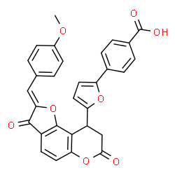 ChemSpider 2D Image | 4-{5-[(2Z)-2-(4-Methoxybenzylidene)-3,7-dioxo-2,3,8,9-tetrahydro-7H-furo[2,3-f]chromen-9-yl]-2-furyl}benzoic acid | C30H20O8