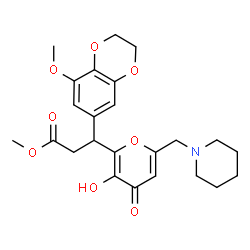 ChemSpider 2D Image | Methyl 3-[3-hydroxy-4-oxo-6-(1-piperidinylmethyl)-4H-pyran-2-yl]-3-(8-methoxy-2,3-dihydro-1,4-benzodioxin-6-yl)propanoate | C24H29NO8