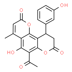 ChemSpider 2D Image | 6-Acetyl-5-hydroxy-10-(3-hydroxyphenyl)-4-methyl-9,10-dihydro-2H,8H-pyrano[2,3-f]chromene-2,8-dione | C21H16O7