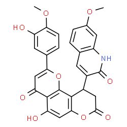 ChemSpider 2D Image | 5-Hydroxy-2-(3-hydroxy-4-methoxyphenyl)-10-(7-methoxy-2-oxo-1,2-dihydro-3-quinolinyl)-9,10-dihydro-4H,8H-pyrano[2,3-f]chromene-4,8-dione | C29H21NO9