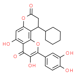 ChemSpider 2D Image | 10-Cyclohexyl-2-(3,4-dihydroxyphenyl)-3,5-dihydroxy-9,10-dihydro-4H,8H-pyrano[2,3-f]chromene-4,8-dione | C24H22O8