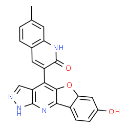 ChemSpider 2D Image | 3-(7-Hydroxy-1H-[1]benzofuro[3,2-b]pyrazolo[4,3-e]pyridin-4-yl)-7-methyl-2(1H)-quinolinone | C22H14N4O3