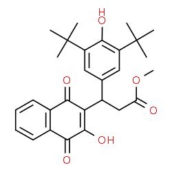 ChemSpider 2D Image | Methyl 3-[4-hydroxy-3,5-bis(2-methyl-2-propanyl)phenyl]-3-(3-hydroxy-1,4-dioxo-1,4-dihydro-2-naphthalenyl)propanoate | C28H32O6