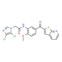 ChemSpider 2D Image | 2-(4,5-Dichloro-1H-imidazol-1-yl)-N-[2-methoxy-5-(thieno[2,3-b]pyridin-2-ylcarbonyl)phenyl]acetamide | C20H14Cl2N4O3S