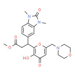 ChemSpider 2D Image | Methyl 3-(1,3-dimethyl-2-oxo-2,3-dihydro-1H-benzimidazol-5-yl)-3-[3-hydroxy-6-(4-morpholinylmethyl)-4-oxo-4H-pyran-2-yl]propanoate | C23H27N3O7