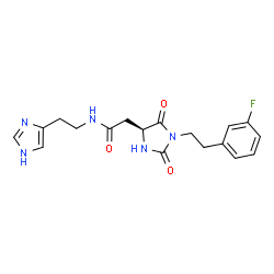 ChemSpider 2D Image | 2-{(4S)-1-[2-(3-Fluorophenyl)ethyl]-2,5-dioxo-4-imidazolidinyl}-N-[2-(1H-imidazol-4-yl)ethyl]acetamide | C18H20FN5O3