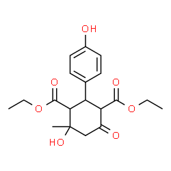 ChemSpider 2D Image | Diethyl 4-hydroxy-2-(4-hydroxyphenyl)-4-methyl-6-oxo-1,3-cyclohexanedicarboxylate | C19H24O7