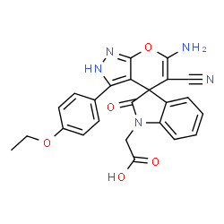 ChemSpider 2D Image | [6'-Amino-5'-cyano-3'-(4-ethoxyphenyl)-2-oxo-2'H-spiro[indole-3,4'-pyrano[2,3-c]pyrazol]-1(2H)-yl]acetic acid | C24H19N5O5