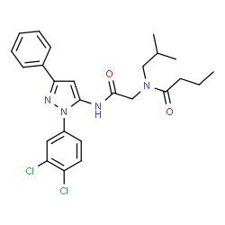 ChemSpider 2D Image | N-(2-{[1-(3,4-Dichlorophenyl)-3-phenyl-1H-pyrazol-5-yl]amino}-2-oxoethyl)-N-isobutylbutanamide | C25H28Cl2N4O2