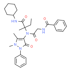 ChemSpider 2D Image | N-Benzoylglycyl-N-cyclohexyl-N~2~-(1,5-dimethyl-3-oxo-2-phenyl-2,3-dihydro-1H-pyrazol-4-yl)isovalinamide | C31H39N5O4