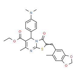 ChemSpider 2D Image | Ethyl 5-[4-(dimethylamino)phenyl]-7-methyl-2-[(6-methyl-1,3-benzodioxol-5-yl)methylene]-3-oxo-2,3-dihydro-5H-[1,3]thiazolo[3,2-a]pyrimidine-6-carboxylate | C27H27N3O5S