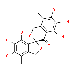 ChemSpider 2D Image | (1R)-5,5',6,6',7,7'-Hexahydroxy-4,8'-dimethyl-3H-spiro[2-benzofuran-1,3'-isochromen]-4'(1'H)-one | C18H16O9