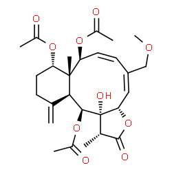 ChemSpider 2D Image | (1R,3aS,4E,6Z,8S,8aR,9S,12aS,13S,13aS)-13a-Hydroxy-5-(methoxymethyl)-1,8a-dimethyl-12-methylene-2-oxo-1,2,3a,8,8a,9,10,11,12,12a,13,13a-dodecahydrobenzo[4,5]cyclodeca[1,2-b]furan-8,9,13-triyl triaceta
te | C27H36O10