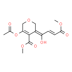 ChemSpider 2D Image | Methyl (3E)-5-acetoxy-3-[(2E)-1-hydroxy-4-methoxy-4-oxo-2-buten-1-ylidene]-3,6-dihydro-2H-pyran-4-carboxylate | C14H16O8