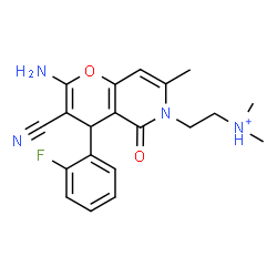 ChemSpider 2D Image | 2-[2-Amino-3-cyano-4-(2-fluorophenyl)-7-methyl-5-oxo-4H-pyrano[3,2-c]pyridin-6(5H)-yl]-N,N-dimethylethanaminium | C20H22FN4O2