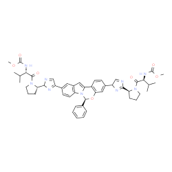 ChemSpider 2D Image | Methyl {(2S)-1-[(2S)-2-{4-[(6S)-10-{2-[(2S)-1-{(2S)-2-[(methoxycarbonyl)amino]-3-methylbutanoyl}-2-pyrrolidinyl]-2H-imidazol-4-yl}-6-phenylindolo[1,2-c][1,3]benzoxazin-3-yl]-4H-imidazol-2-yl}-1-pyrrol
idinyl]-3-methyl-1-oxo-2-butanyl}carbamate | C49H55N9O7