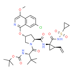 ChemSpider 2D Image | 3-Methyl-N-{[(2-methyl-2-propanyl)oxy]carbonyl}-L-valyl-(4R)-4-[(7-chloro-4-methoxy-1-isoquinolinyl)oxy]-N-{(1R,2R)-1-[(cyclopropylsulfonyl)carbamoyl]-2-vinylcyclopropyl}-L-prolinamide | C35H46ClN5O9S