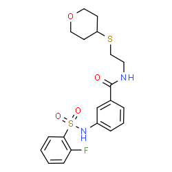 ChemSpider 2D Image | 3-{[(2-Fluorophenyl)sulfonyl]amino}-N-[2-(tetrahydro-2H-pyran-4-ylsulfanyl)ethyl]benzamide | C20H23FN2O4S2