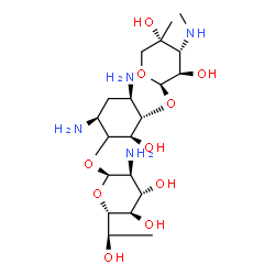 ChemSpider 2D Image | (1S,2S,4S,6R)-4,6-Diamino-3-({(5S)-2-amino-2-deoxy-5-[(1R)-1-hydroxyethyl]-alpha-L-xylopyranosyl}oxy)-2-hydroxycyclohexyl 3-deoxy-4-C-methyl-3-(methylamino)-beta-L-arabinopyranoside | C20H40N4O10