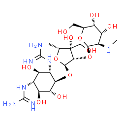ChemSpider 2D Image | 1,1'-[(1R,2R,3S,4R,5R,6S)-4-({5-Deoxy-2-O-[2-deoxy-2-(methylamino)-beta-L-altropyranosyl]-3-C-(hydroxymethyl)-alpha-D-lyxofuranosyl}oxy)-2,5,6-trihydroxy-1,3-cyclohexanediyl]diguanidine | C21H41N7O12