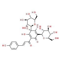 ChemSpider 2D Image | (4R)-3,4,5-Trihydroxy-2-[(2E)-3-(4-hydroxyphenyl)-2-propenoyl]-4-[(2R,3R,4S,5S,6R)-3,4,5-trihydroxy-6-(hydroxymethyl)tetrahydro-2H-pyran-2-yl]-6-[(2S,3R,4R,5S,6R)-3,4,5-trihydroxy-6-(hydroxymethyl)tet
rahydro-2H-pyran-2-yl]-2,5-cyclohexadien-1-one | C27H32O16