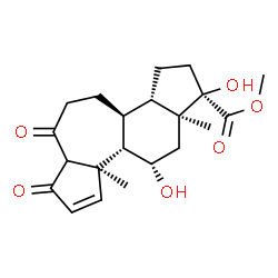 ChemSpider 2D Image | Methyl (1R,3aS,3bS,9aR,9bS,10S,11aS)-1,10-dihydroxy-9a,11a-dimethyl-6,7-dioxo-2,3,3a,3b,4,5,6,6a,7,9a,9b,10,11,11a-tetradecahydro-1H-indeno[5,4-e]azulene-1-carboxylate | C21H28O6