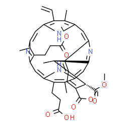 ChemSpider 2D Image | 3-[(23S,24R)-22,23-Bis(methoxycarbonyl)-9-(3-methoxy-3-oxopropyl)-4,10,15,24-tetramethyl-14-vinyl-25,26,27,28-tetraazahexacyclo[16.6.1.1~3,6~.1~8,11~.1~13,16~.0~19,24~]octacosa-1(25),2,4,6,8(27),9,11,
13,15,17,19,21-dodecaen-5-yl]propanoic acid | C41H42N4O8