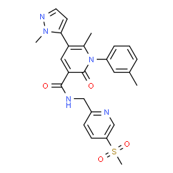 ChemSpider 2D Image | 6-Methyl-1-(3-methylphenyl)-5-(1-methyl-1H-pyrazol-5-yl)-N-{[5-(methylsulfonyl)-2-pyridinyl]methyl}-2-oxo-1,2-dihydro-3-pyridinecarboxamide | C25H25N5O4S