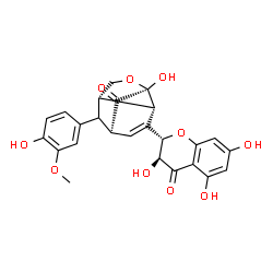 ChemSpider 2D Image | (1S,3S,6S,7S)-3-Hydroxy-10-(4-hydroxy-3-methoxyphenyl)-8-[(2S,3S)-3,5,7-trihydroxy-4-oxo-3,4-dihydro-2H-chromen-2-yl]-4-oxatricyclo[4.3.1.0~3,7~]dec-8-en-2-one | C25H22O10