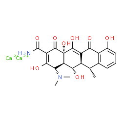 ChemSpider 2D Image | 2-Naphthacenecarboxamide, 4-(dimethylamino)-1,4,4a,5,5a,6,11,12a-octahydro-3,5,10,12,12a-pentahydroxy-6-methyl-1,11-dioxo-, calcium salt, (4S,4aR,5S,5aR,6R,12aS)- (1:2) | C22H24Ca2N2O8