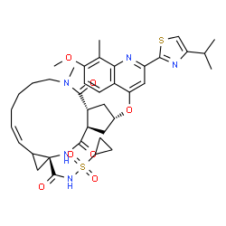 ChemSpider 2D Image | (2R,3aR,10Z,12aR,14aR)-N-(Cyclopropylsulfonyl)-2-{[2-(4-isopropyl-1,3-thiazol-2-yl)-7-methoxy-8-methyl-4-quinolinyl]oxy}-5-methyl-4,14-dioxo-2,3,3a,4,5,6,7,8,9,11a,12,13,14,14a-tetradecahydrocyclopent
a[c]cyclopropa[g][1,6]diazacyclotetradecine-12a(1H)-carboxamide | C38H47N5O7S2