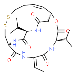 ChemSpider 2D Image | (1S,4S,7E,10S,16Z,21R)-7-Ethylidene-4,21-diisopropyl-2-oxa-12,13-dithia-5,8,20,23-tetraazabicyclo[8.7.6]tricos-16-ene-3,6,9,19,22-pentone | C24H36N4O6S2