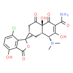 ChemSpider 2D Image | (4R,4as,6S,8as)-6-((1R)-7-chloro-4-hydroxy-1-methyl-3-oxo-1,3-dihydro-2-benzofuran-1-yl)-4-(dimethylamino)-3,8a-dihydroxy-1,8-dioxo-1,4,4a,5,6,7,8,8a-octahydronaphthalene-2-carboxamide | C22H23ClN2O8