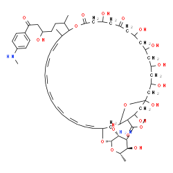ChemSpider 2D Image | Methyl 33-[(3-amino-3,6-dideoxy-beta-L-mannopyranosyl)oxy]-1,3,5,7,9,13,37-heptahydroxy-17-{5-hydroxy-7-[4-(methylamino)phenyl]-7-oxo-2-heptanyl}-18-methyl-11,15-dioxo-16,39-dioxabicyclo[33.3.1]nonatr
iaconta-19,21,23,25,27,29,31-heptaene-36-carboxylate | C60H88N2O19