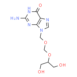 ChemSpider 2D Image | 2-Amino-9-({[(1,3-dihydroxy-2-propanyl)oxy]methoxy}methyl)-1,9-dihydro-6H-purin-6-one | C10H15N5O5
