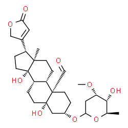 ChemSpider 2D Image | (3beta,5beta,8alpha)-3-[(2,6-Dideoxy-3-O-methyl-D-ribo-hexopyranosyl)oxy]-5,14-dihydroxy-19-oxocard-20(22)-enolide | C30H44O9