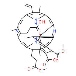 ChemSpider 2D Image | 3-[(23S,24R)-22,23-Bis(methoxycarbonyl)-5-(3-methoxy-3-oxopropyl)-4,10,15,24-tetramethyl-14-vinyl-25,26,27,28-tetraazahexacyclo[16.6.1.1~3,6~.1~8,11~.1~13,16~.0~19,24~]octacosa-1(25),2,4,6,8(27),9,11,
13,15,17,19,21-dodecaen-9-yl]propanoic acid | C41H42N4O8