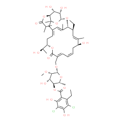 ChemSpider 2D Image | (2R,3S,4S,5S,6R)-6-({(3E,5Z,8S,9E,11S,12R,15E,18S)-12-{[(2R,3S,4R,5S)-3,4-Dihydroxy-5-(isobutyryloxy)-6,6-dimethyltetrahydro-2H-pyran-2-yl]oxy}-11-ethyl-8-hydroxy-18-[(1R)-1-hydroxyethyl]-9,13,15-trim
ethyl-2-oxooxacyclooctadeca-3,5,9,13,15-pentaen-3-yl}methoxy)-4-hydroxy-5-methoxy-2-methyltetrahydro-2H-pyran-3-yl 3,5-dichloro-2-ethyl-4,6-dihydroxybenzoate | C52H74Cl2O18