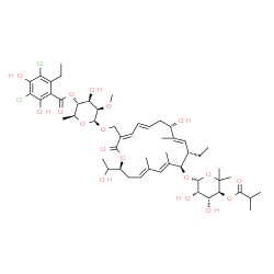 ChemSpider 2D Image | (2S,3R,4R,5R,6S)-6-{[(3E,5E,8S,9E,11S,12R,13E,15E,18S)-12-{[(2R,3S,4R,5S)-3,4-Dihydroxy-5-(isobutyryloxy)-6,6-dimethyltetrahydro-2H-pyran-2-yl]oxy}-11-ethyl-8-hydroxy-18-(1-hydroxyethyl)-9,13,15-trime
thyl-2-oxooxacyclooctadeca-3,5,9,13,15-pentaen-3-yl]methoxy}-4-hydroxy-5-methoxy-2-methyltetrahydro-2H-pyran-3-yl 3,5-dichloro-2-ethyl-4,6-dihydroxybenzoate | C52H74Cl2O18