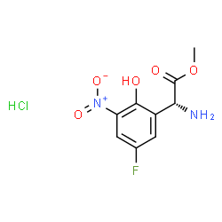 ChemSpider 2D Image | Methyl (2R)-amino(5-fluoro-2-hydroxy-3-nitrophenyl)acetate hydrochloride (1:1) | C9H10ClFN2O5