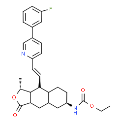 ChemSpider 2D Image | Ethyl [(1R,6R,9R)-9-{(E)-2-[5-(3-fluorophenyl)-2-pyridinyl]vinyl}-1-methyl-3-oxododecahydronaphtho[2,3-c]furan-6-yl]carbamate | C29H33FN2O4