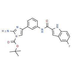 ChemSpider 2D Image | 2-Methyl-2-propanyl 2-amino-4-(3-{[(5-fluoro-1H-indol-2-yl)carbonyl]amino}phenyl)-1H-imidazole-1-carboxylate | C23H22FN5O3