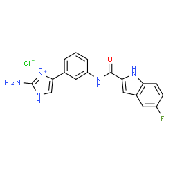 ChemSpider 2D Image | 2-Amino-4-(3-{[(5-fluoro-1H-indol-2-yl)carbonyl]amino}phenyl)-1H-imidazol-3-ium chloride | C18H15ClFN5O