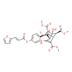 ChemSpider 2D Image | Tetramethyl (1R,4R,5R,6S,7R,9S)-7-(4-{[(2E)-3-(2-furyl)-2-propenoyl]oxy}phenyl)-3,5-dihydroxybicyclo[3.3.1]non-2-ene-2,4,6,9-tetracarboxylate | C30H30O13