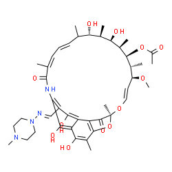 ChemSpider 2D Image | (7S,9E,11S,12R,13R,14R,15R,16R,17S,19E,21Z)-2,15,17,27,29-Pentahydroxy-11-methoxy-3,7,12,14,16,18,22-heptamethyl-26-{(E)-[(4-methyl-1-piperazinyl)imino]methyl}-6,23-dioxo-8,30-dioxa-24-azatetracyclo[2
3.3.1.1~4,7~.0~5,28~]triaconta-1(29),2,4,9,19,21,25,27-octaen-13-yl acetate | C43H58N4O12
