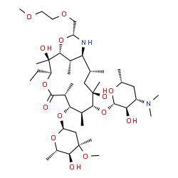 ChemSpider 2D Image | (1R,2R,3S,6R,7S,8S,9R,10R,12R,13S,15R,17S)-3-Ethyl-2,10-dihydroxy-15-[(2-methoxyethoxy)methyl]-2,6,8,10,12,17-hexamethyl-5-oxo-9-{[3,4,6-trideoxy-3-(dimethylamino)-beta-D-xylo-hexopyranosyl]oxy}-4,16-
dioxa-14-azabicyclo[11.3.1]heptadec-7-yl 2,6-dideoxy-3-C-methyl-3-O-methyl-alpha-L-ribo-hexopyranoside | C42H78N2O14