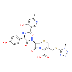 ChemSpider 2D Image | (7R)-7-{[(2R)-2-{[(4-Hydroxy-6-methyl-3-pyridinyl)carbonyl]amino}-2-(4-hydroxyphenyl)acetyl]amino}-3-{[(1-methyl-1H-tetrazol-5-yl)sulfanyl]methyl}-8-oxo-5-thia-1-azabicyclo[4.2.0]oct-2-ene-2-carboxyli
c acid | C25H24N8O7S2