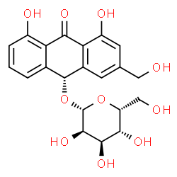 ChemSpider 2D Image | (9R)-4,5-Dihydroxy-2-(hydroxymethyl)-10-oxo-9,10-dihydro-9-anthracenyl beta-D-gulopyranoside | C21H22O10
